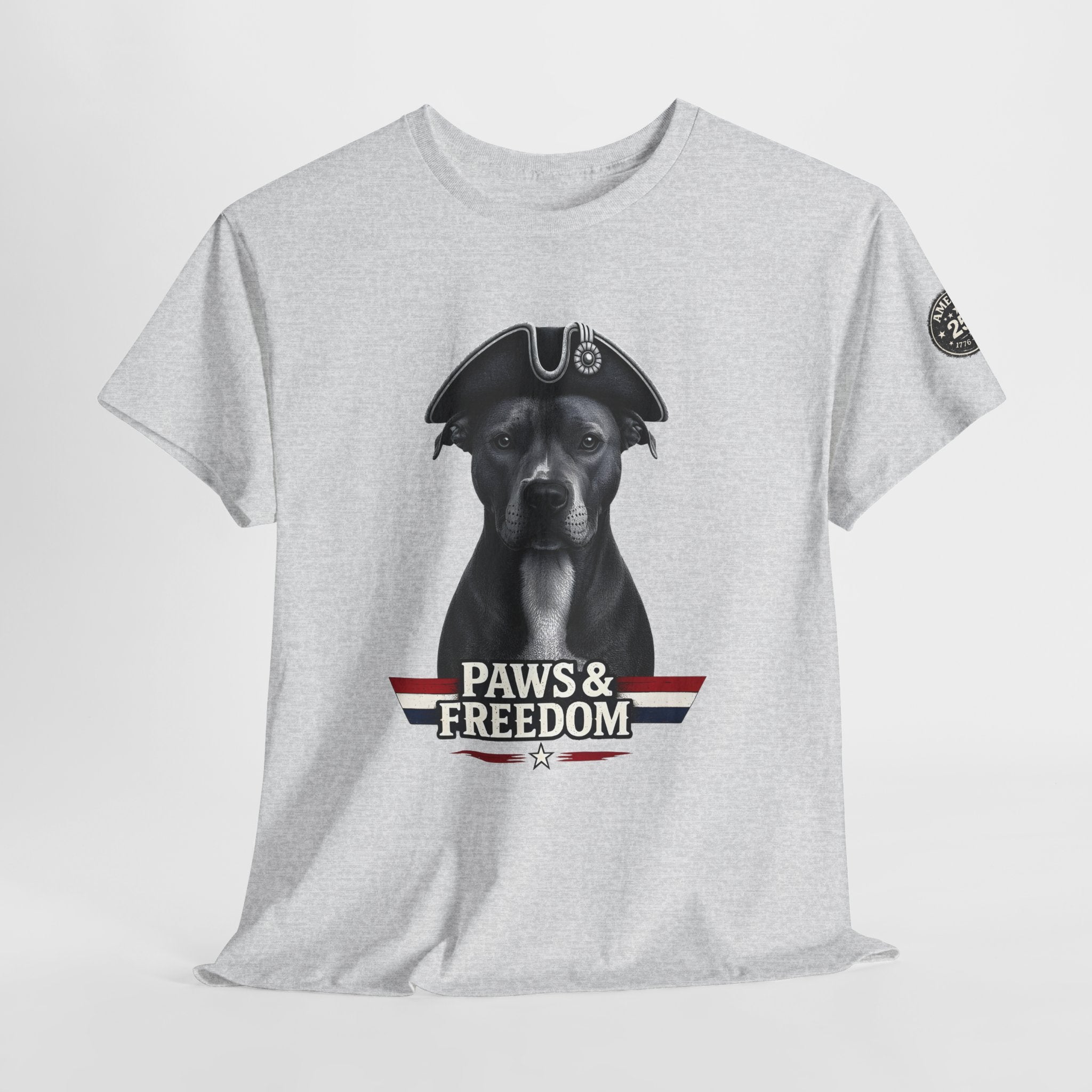 Pitbull - America 250 - Paws & Freedom Celebration T-Shirt - Patriotic Unisex Heavy Cotton Tee