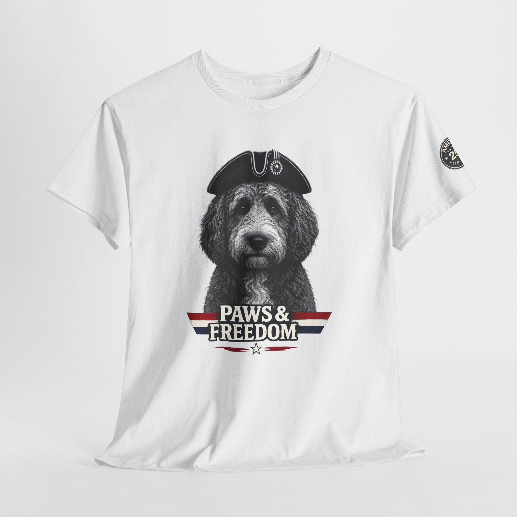 Bernadoodle - America 250 - Paws & Freedom Dog Wearing Tricorn Hat T-Shirt | Patriotic Pet Tee