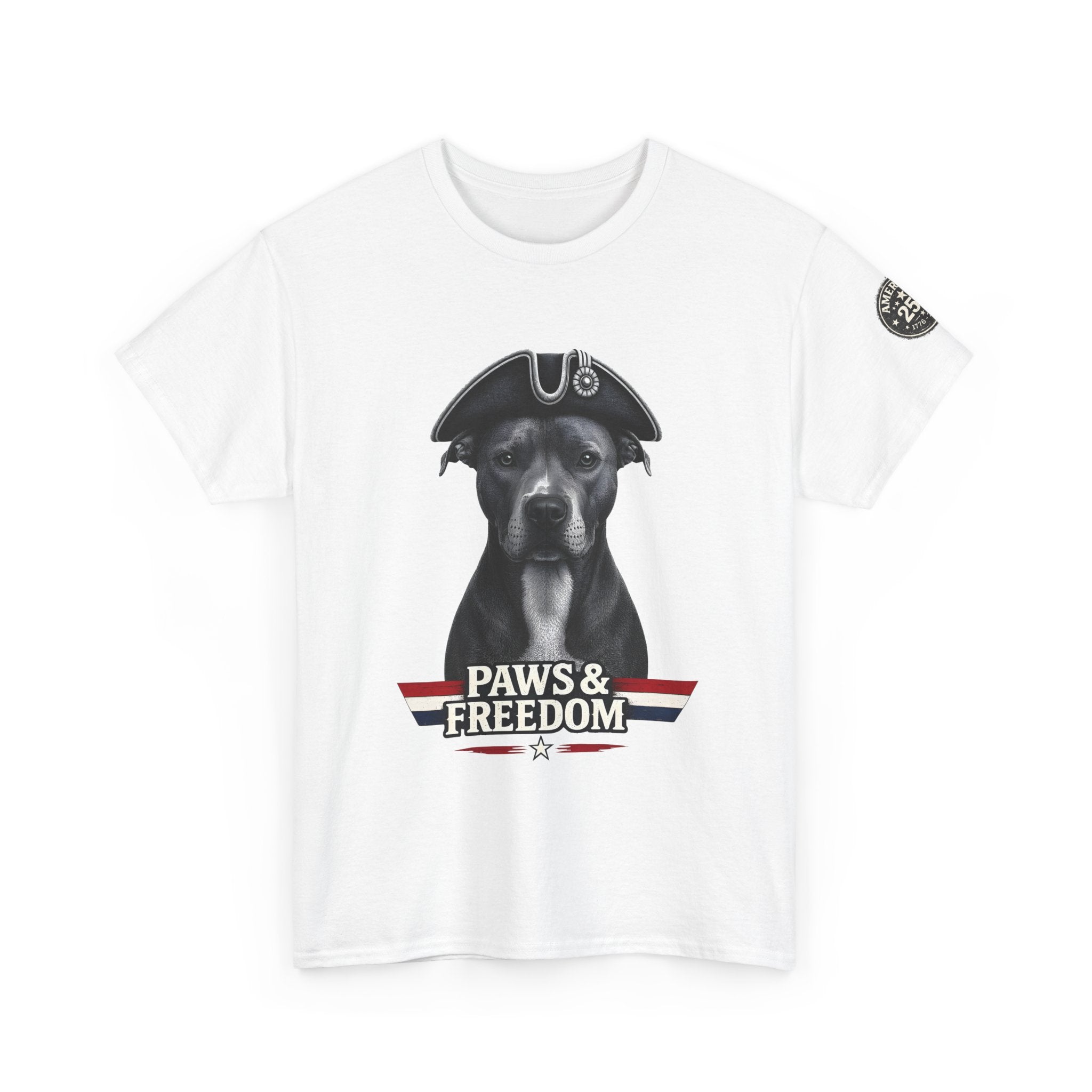Pitbull - America 250 - Paws & Freedom Celebration T-Shirt - Patriotic Unisex Heavy Cotton Tee