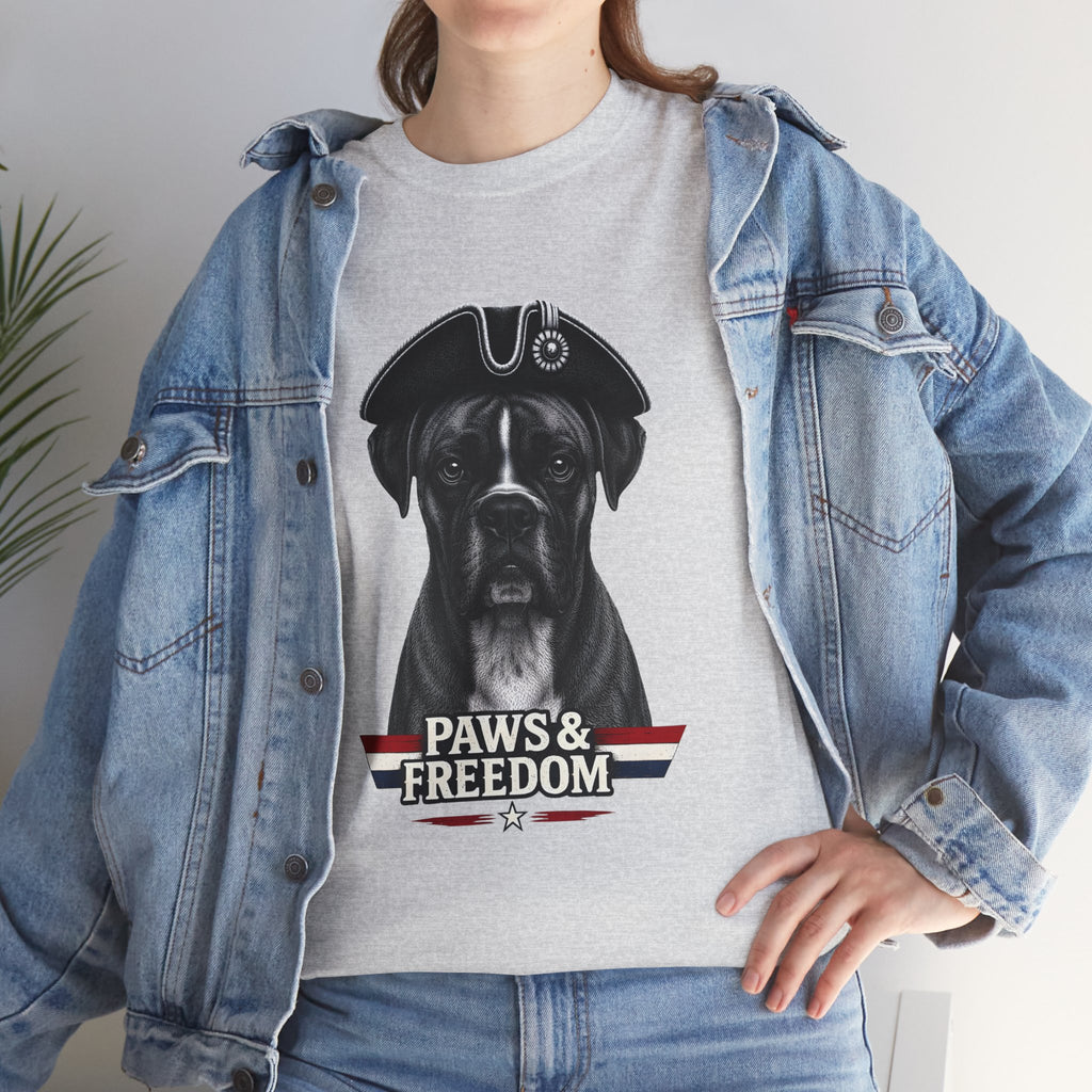 Boxer - America 250 - Paws & Freedom Dog Patriot Tee | Dog Wearing Tricorn Hat, American Flag Accent