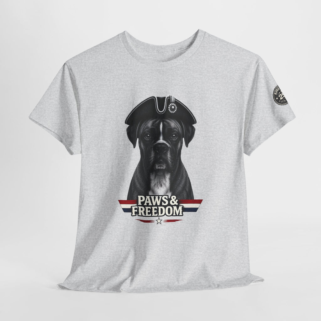 Boxer - America 250 - Paws & Freedom Dog Patriot Tee | Dog Wearing Tricorn Hat, American Flag Accent