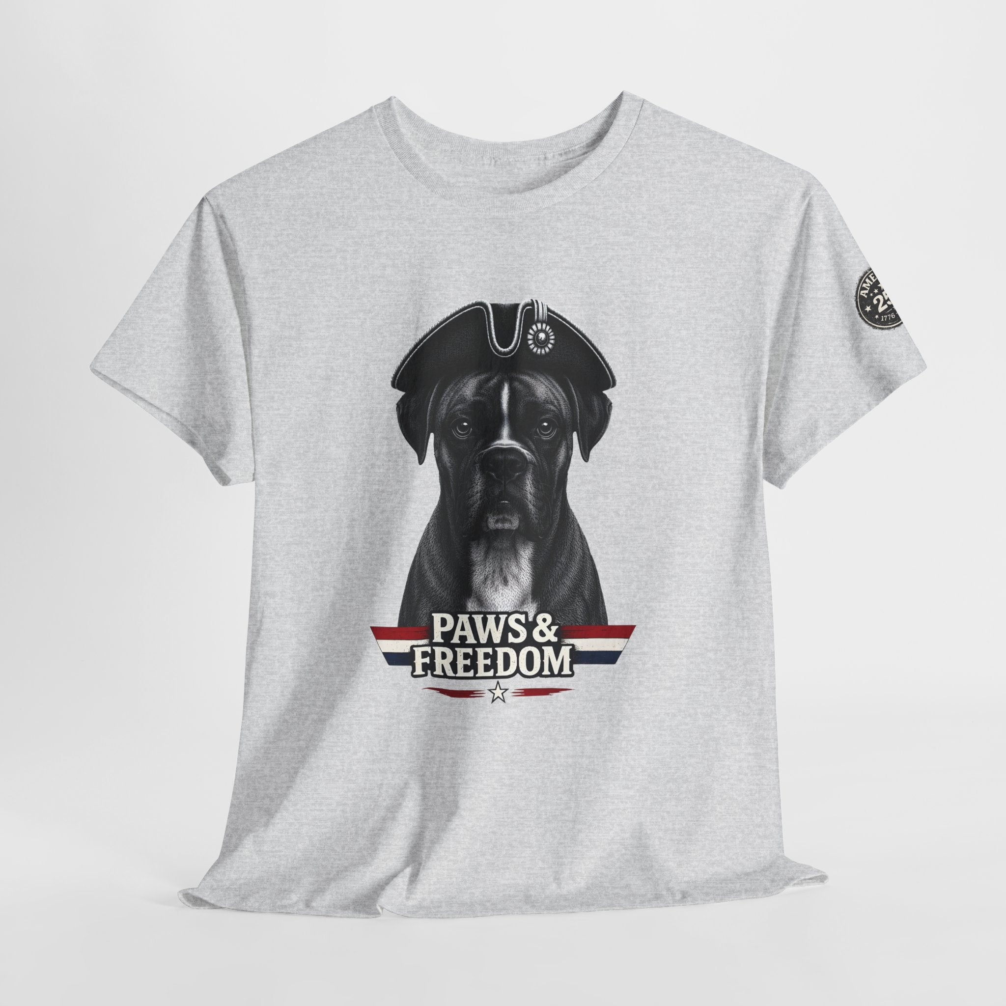 Boxer - America 250 - Paws & Freedom Dog Patriot Tee | Dog Wearing Tricorn Hat, American Flag Accent