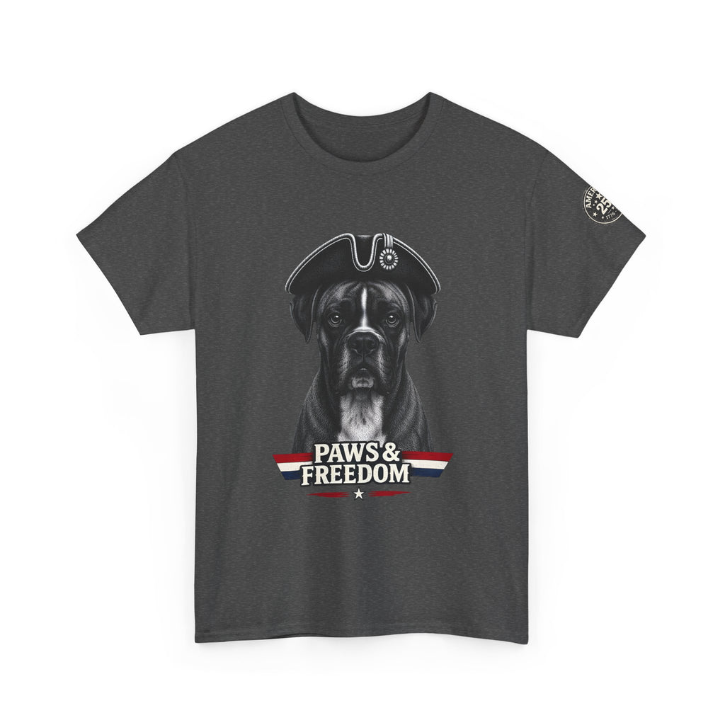 Boxer - America 250 - Paws & Freedom Dog Patriot Tee | Dog Wearing Tricorn Hat, American Flag Accent