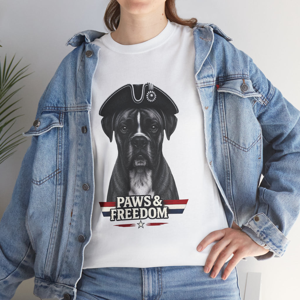 Boxer - America 250 - Paws & Freedom Dog Patriot Tee | Dog Wearing Tricorn Hat, American Flag Accent