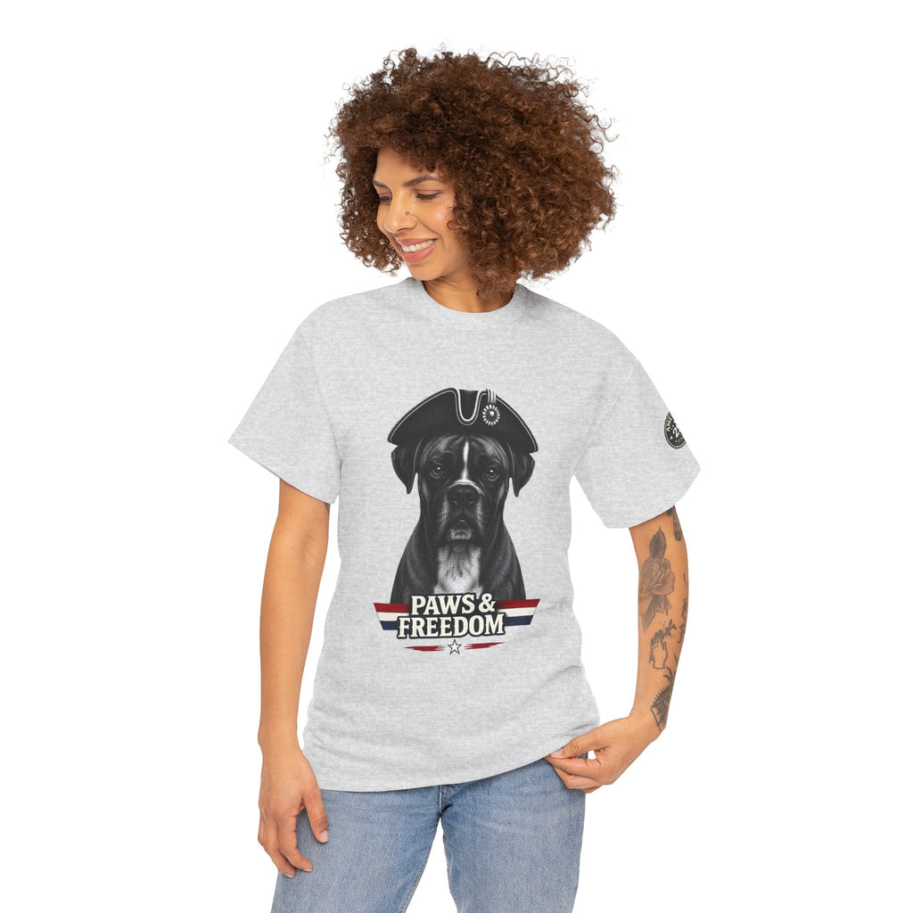 Boxer - America 250 - Paws & Freedom Dog Patriot Tee | Dog Wearing Tricorn Hat, American Flag Accent