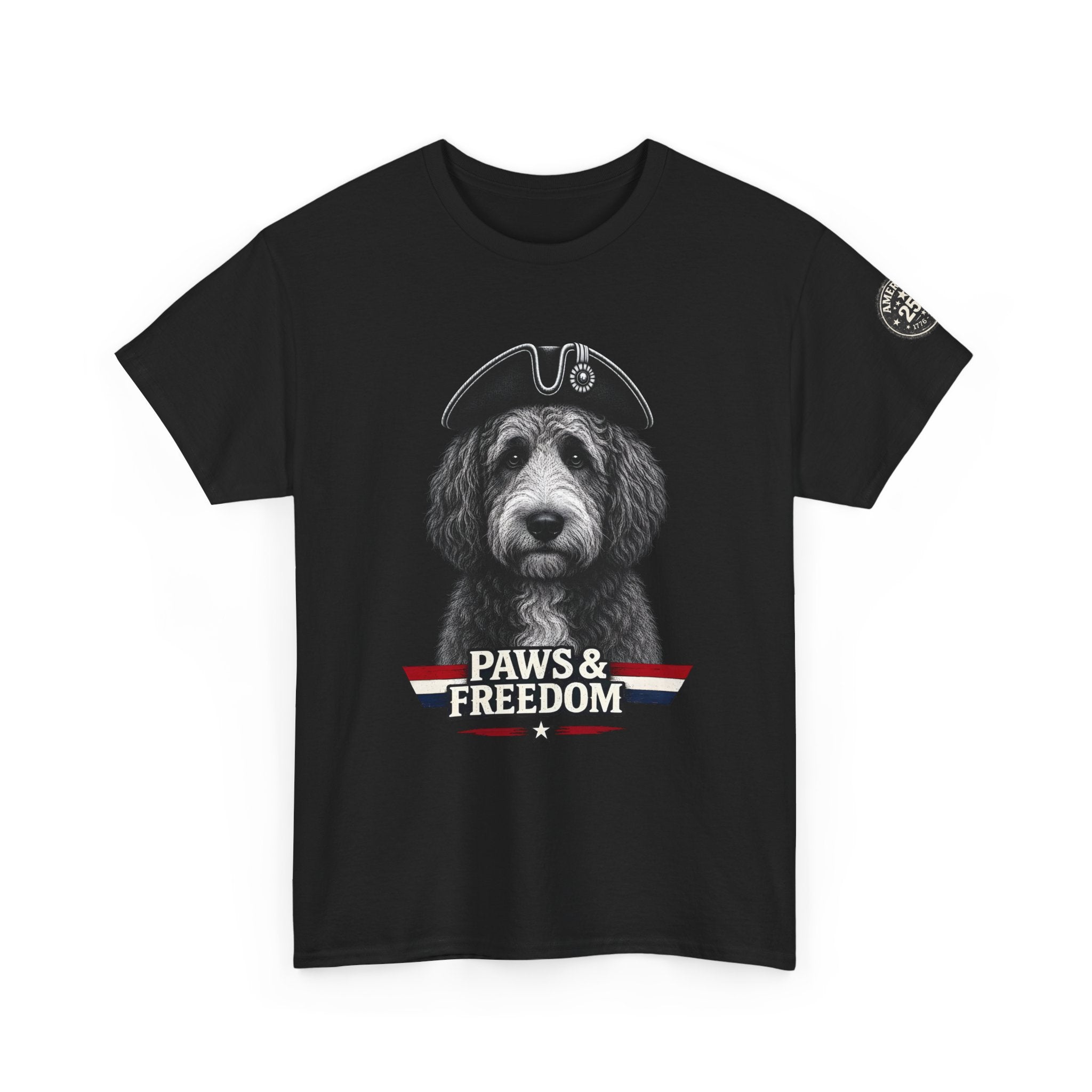 Bernadoodle - America 250 - Paws & Freedom Dog Wearing Tricorn Hat T-Shirt | Patriotic Pet Tee