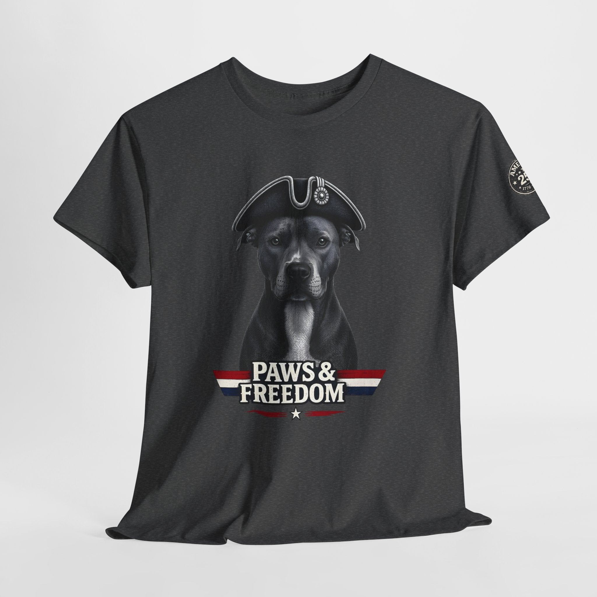 Pitbull - America 250 - Paws & Freedom Celebration T-Shirt - Patriotic Unisex Heavy Cotton Tee