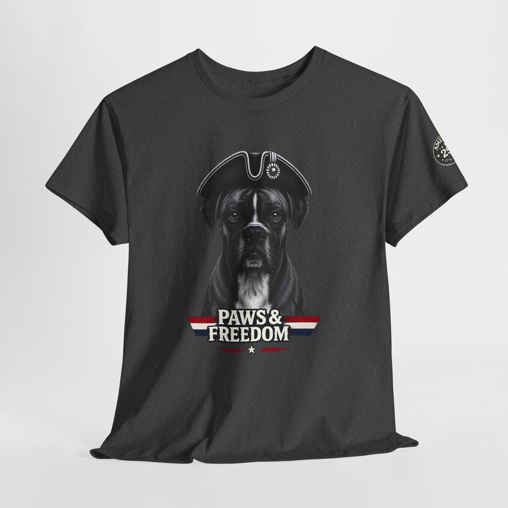 Boxer - America 250 - Paws & Freedom Dog Patriot Tee | Dog Wearing Tricorn Hat, American Flag Accent
