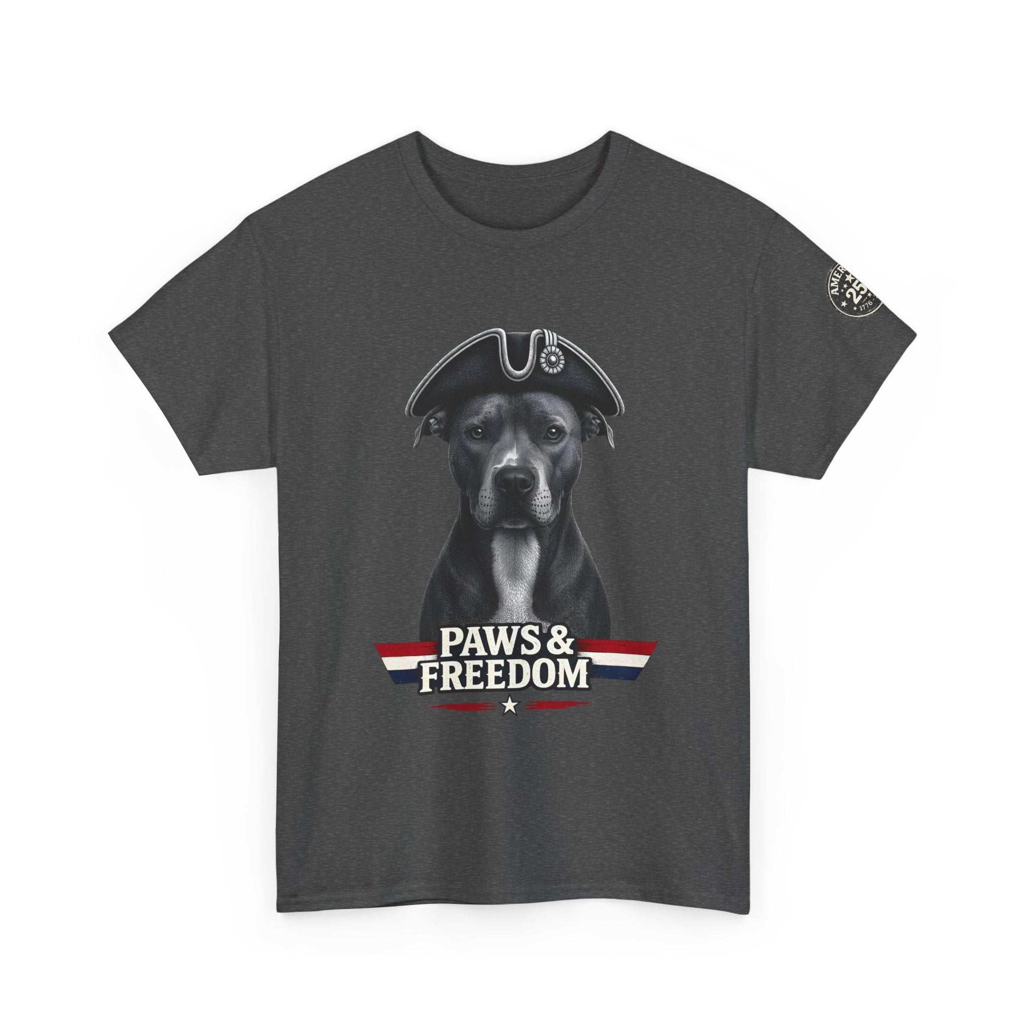 Pitbull - America 250 - Paws & Freedom Celebration T-Shirt - Patriotic Unisex Heavy Cotton Tee