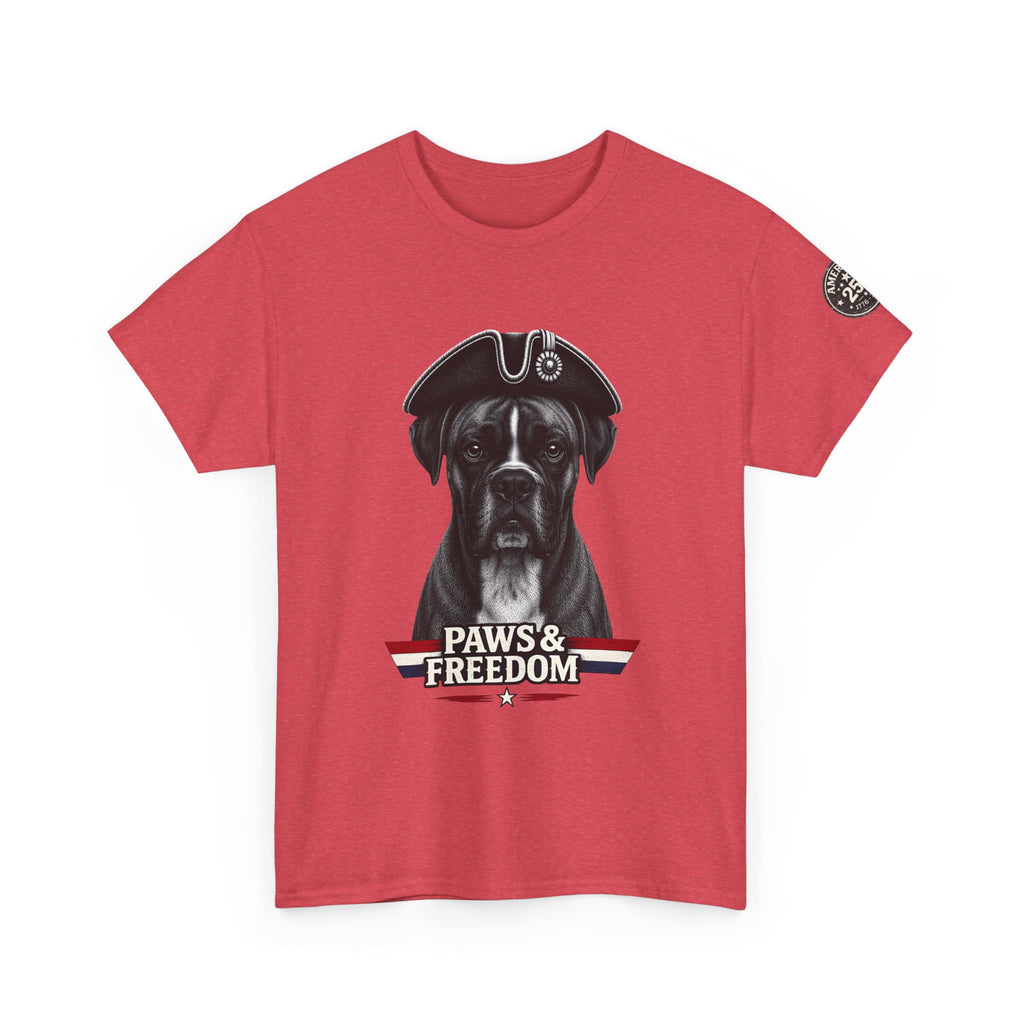 Boxer - America 250 - Paws & Freedom Dog Patriot Tee | Dog Wearing Tricorn Hat, American Flag Accent