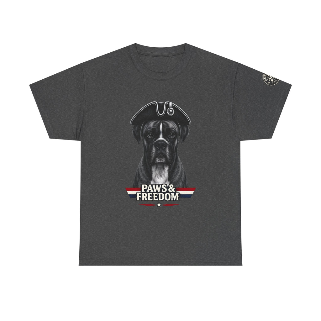 Boxer - America 250 - Paws & Freedom Dog Patriot Tee | Dog Wearing Tricorn Hat, American Flag Accent