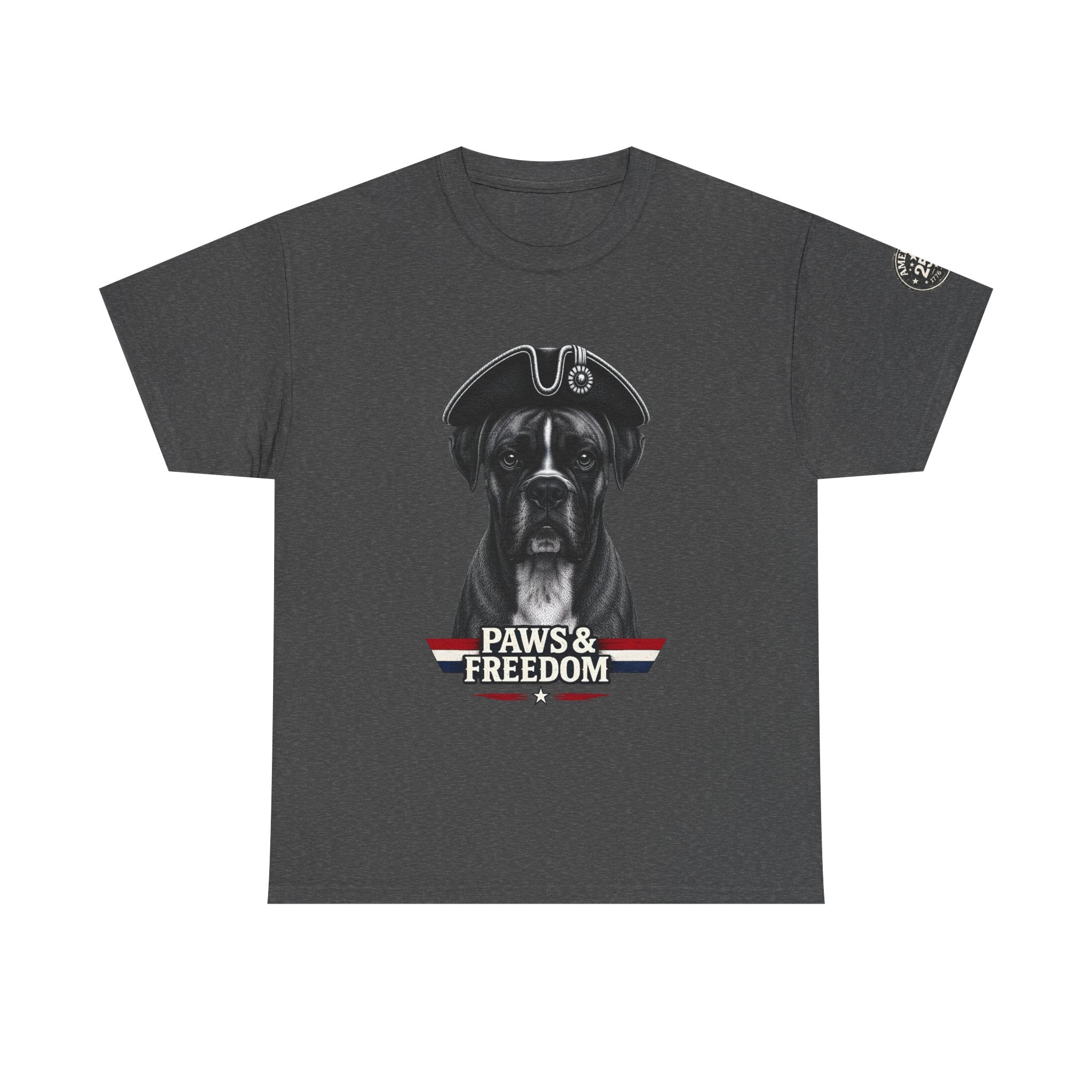 Boxer - America 250 - Paws & Freedom Dog Patriot Tee | Dog Wearing Tricorn Hat, American Flag Accent