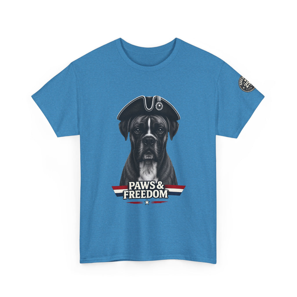Boxer - America 250 - Paws & Freedom Dog Patriot Tee | Dog Wearing Tricorn Hat, American Flag Accent