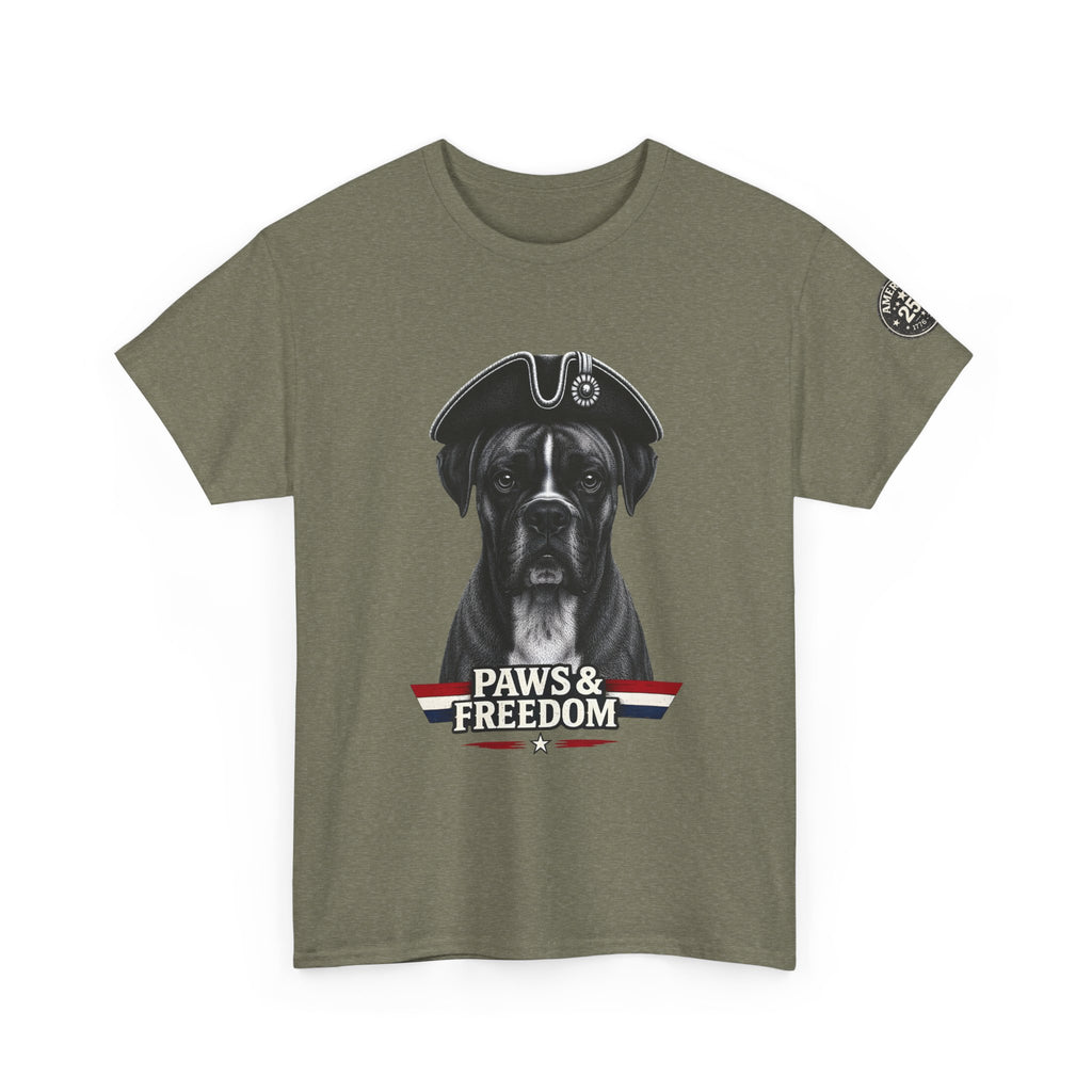 Boxer - America 250 - Paws & Freedom Dog Patriot Tee | Dog Wearing Tricorn Hat, American Flag Accent