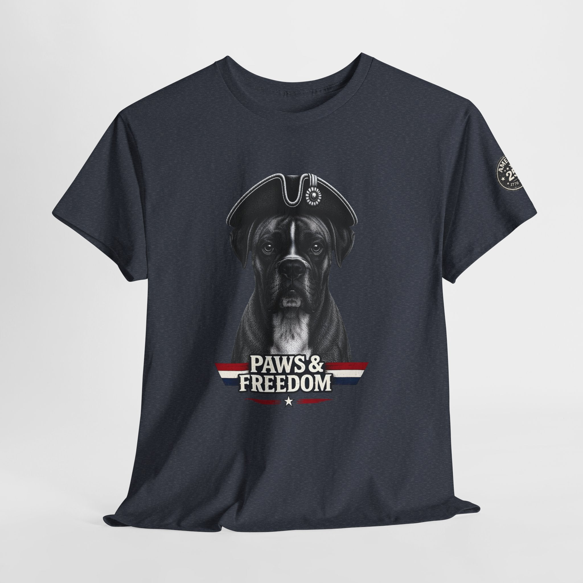 Boxer - America 250 - Paws & Freedom Dog Patriot Tee | Dog Wearing Tricorn Hat, American Flag Accent