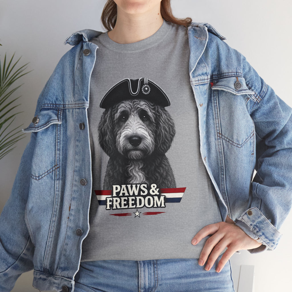 Bernadoodle - America 250 - Paws & Freedom Dog Wearing Tricorn Hat T-Shirt | Patriotic Pet Tee