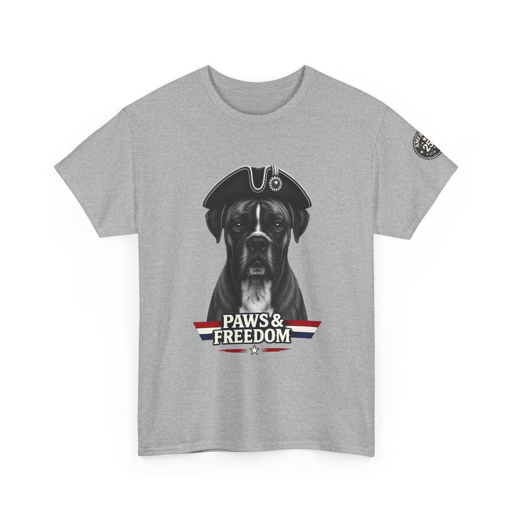 Boxer - America 250 - Paws & Freedom Dog Patriot Tee | Dog Wearing Tricorn Hat, American Flag Accent