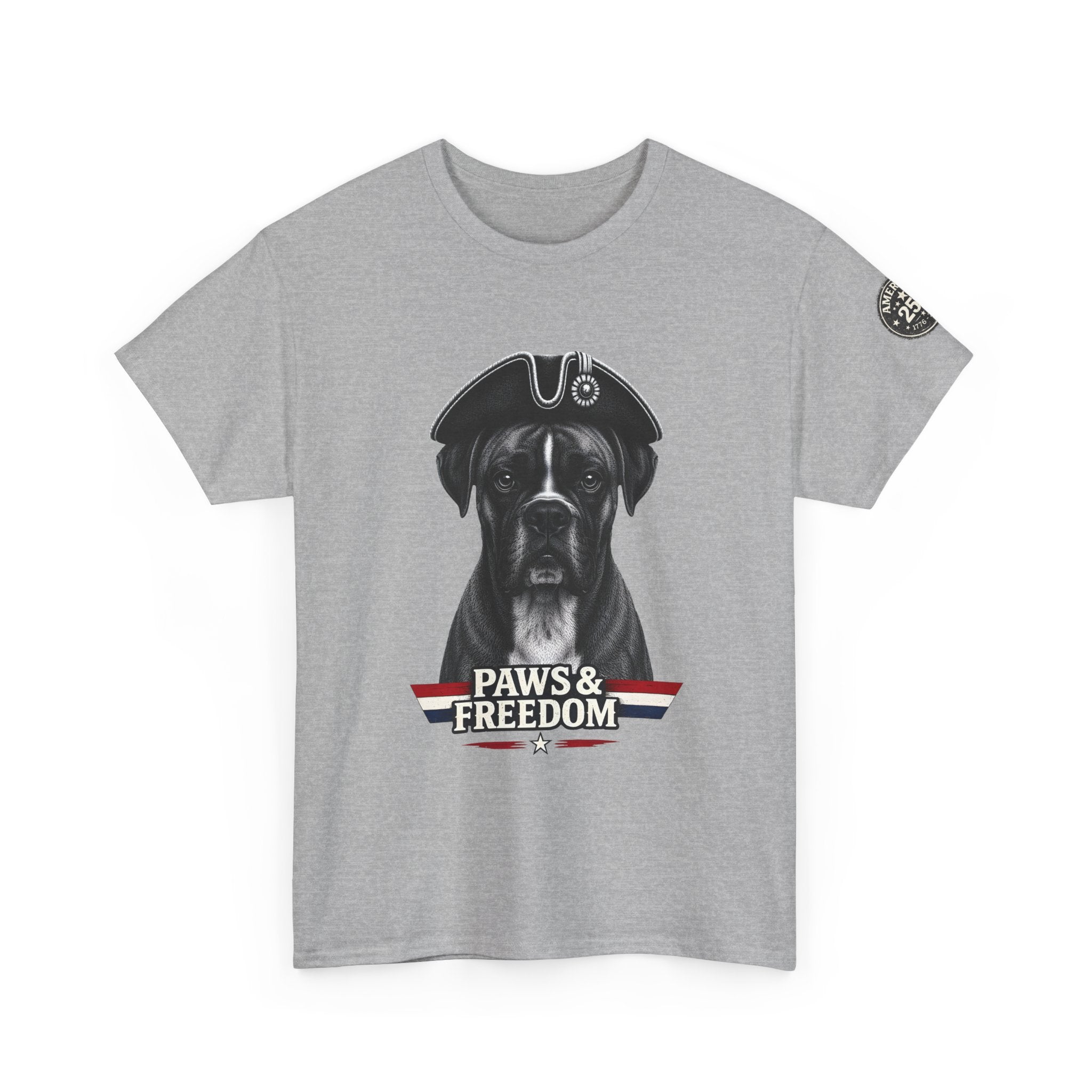 Boxer - America 250 - Paws & Freedom Dog Patriot Tee | Dog Wearing Tricorn Hat, American Flag Accent