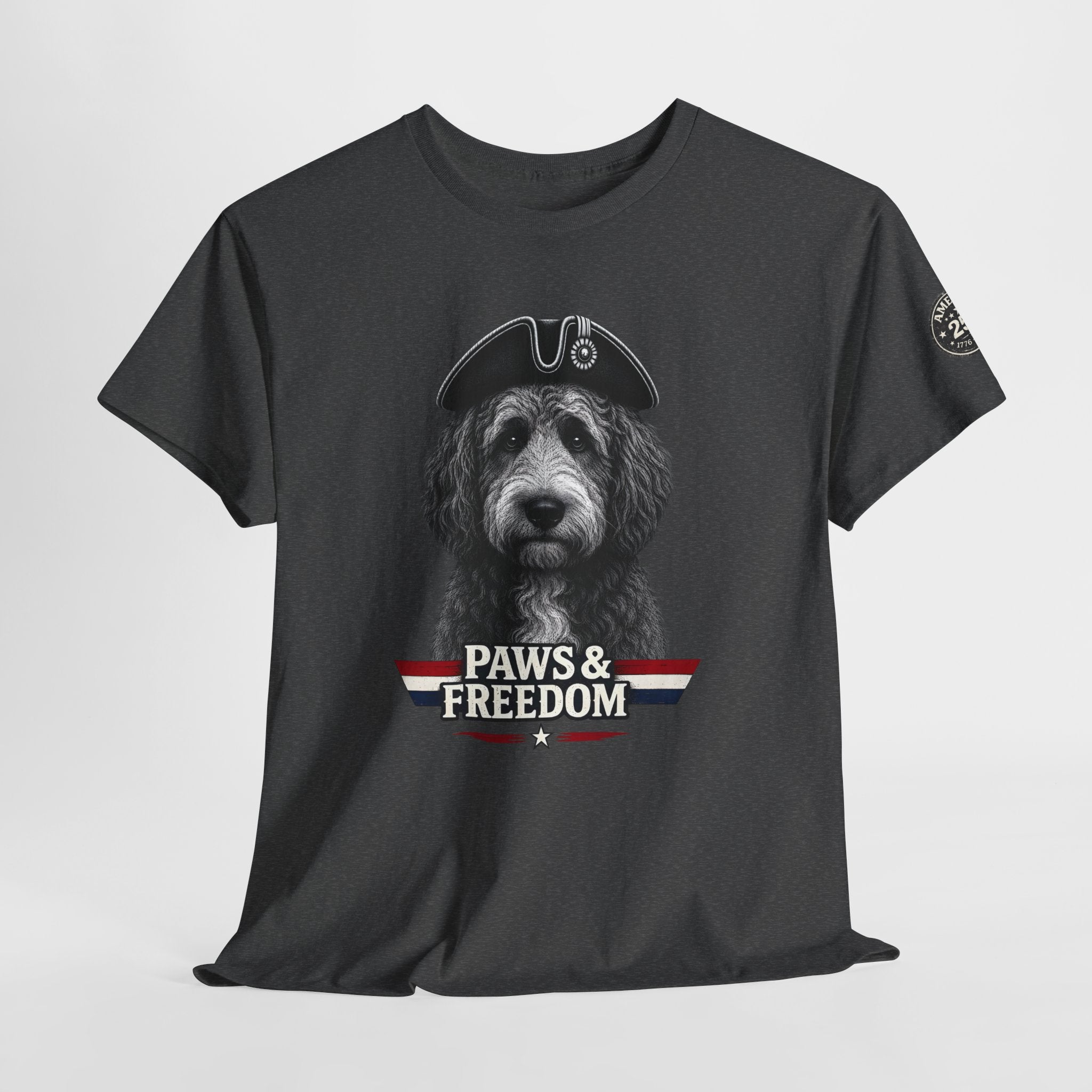 Bernadoodle - America 250 - Paws & Freedom Dog Wearing Tricorn Hat T-Shirt | Patriotic Pet Tee