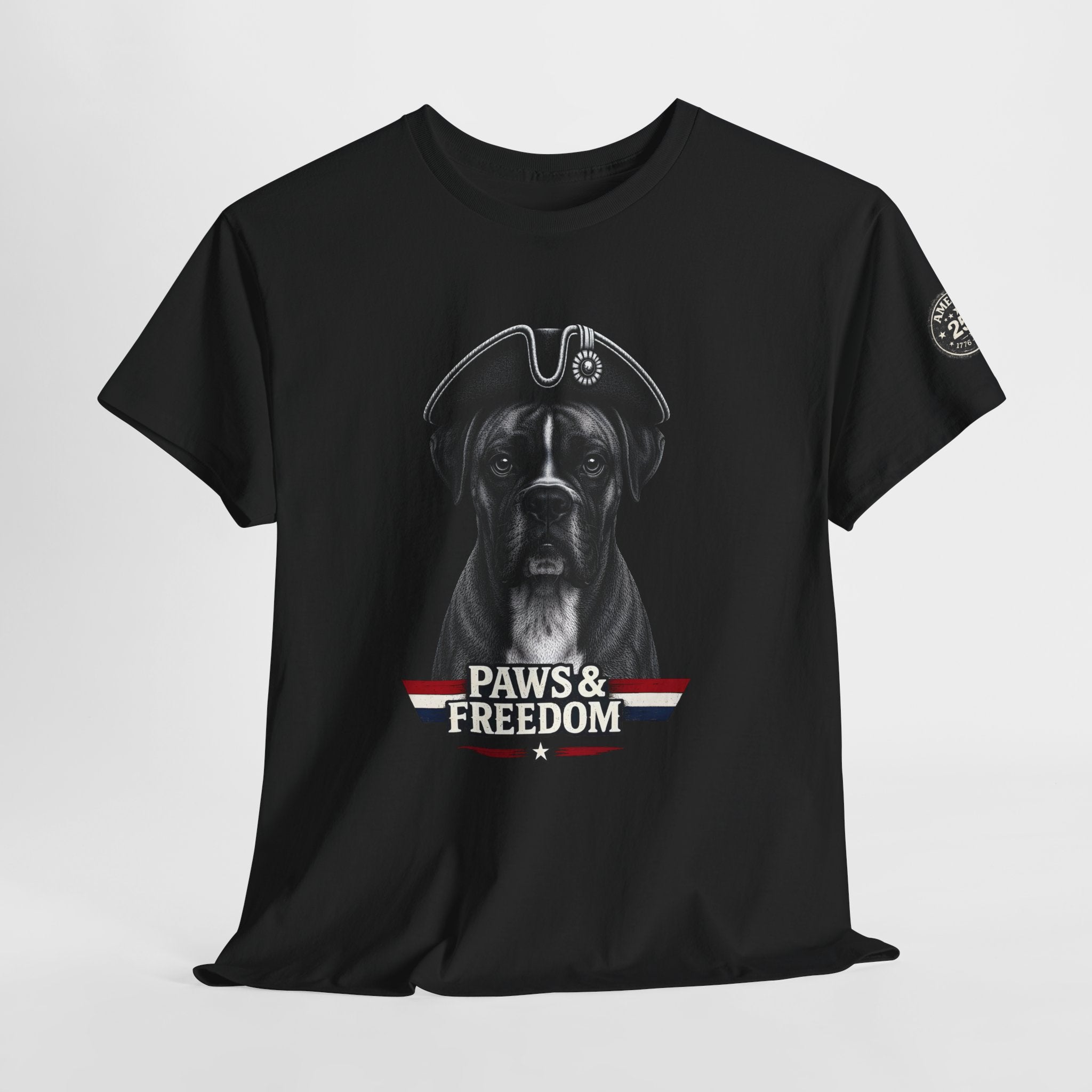 Boxer - America 250 - Paws & Freedom Dog Patriot Tee | Dog Wearing Tricorn Hat, American Flag Accent