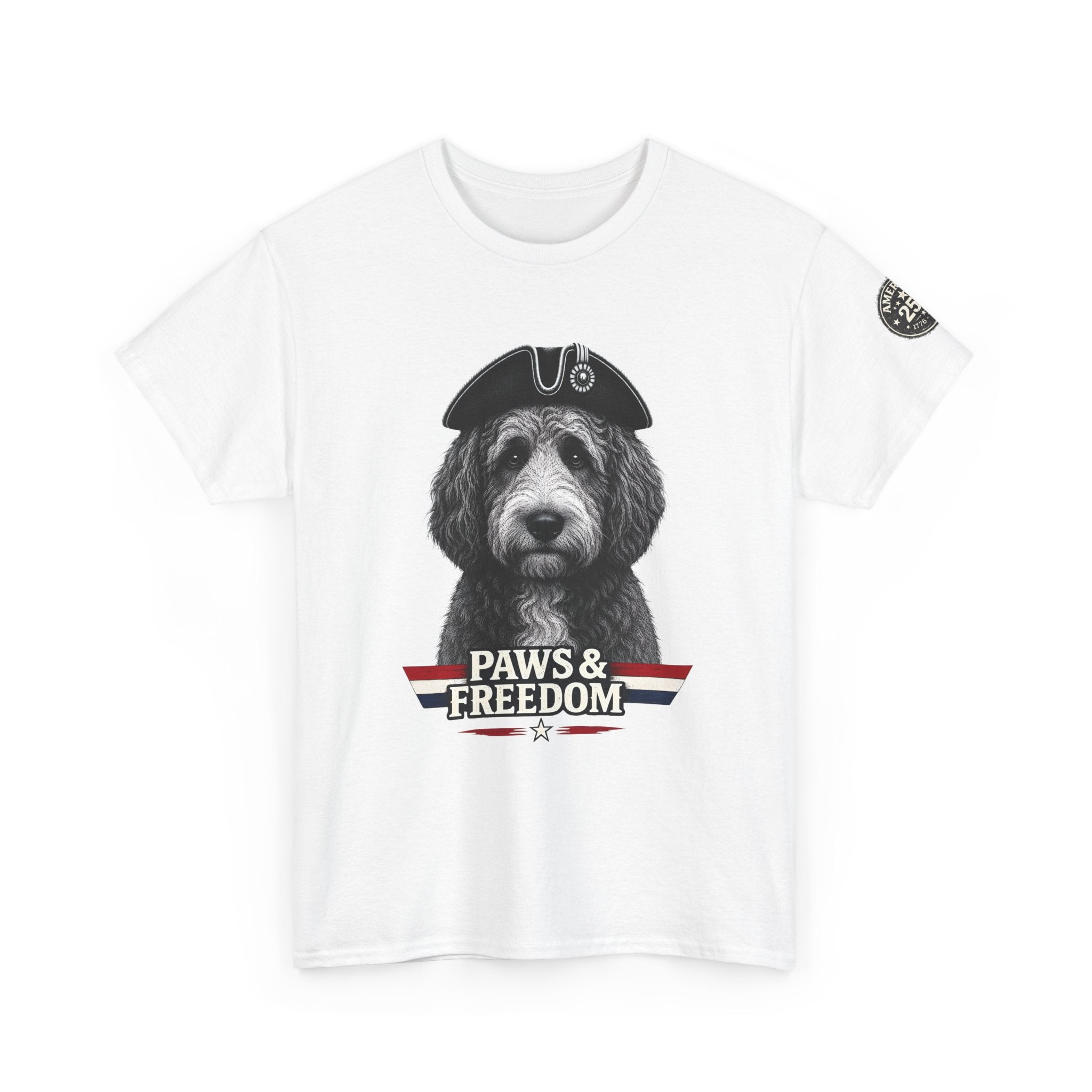 Bernadoodle - America 250 - Paws & Freedom Dog Wearing Tricorn Hat T-Shirt | Patriotic Pet Tee