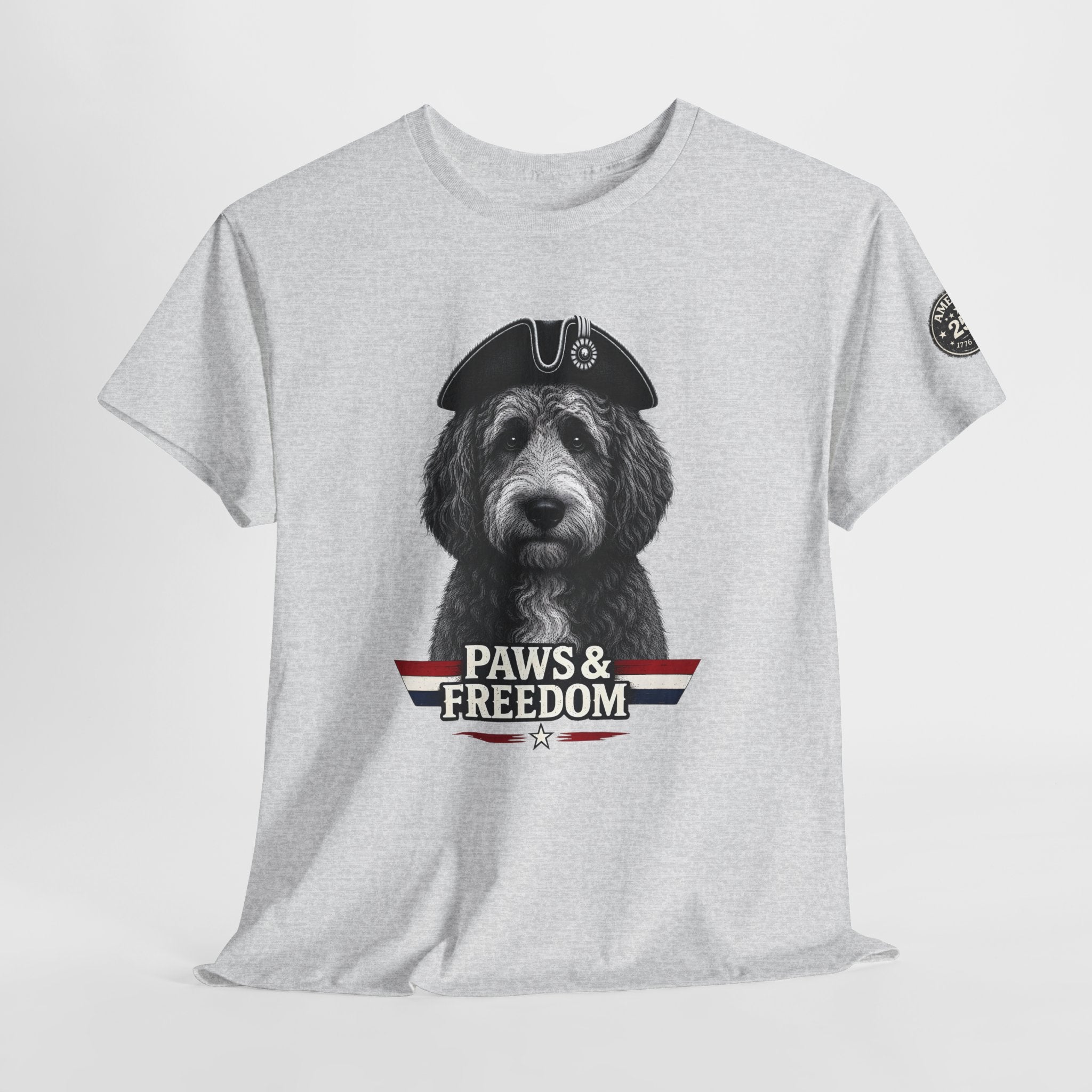 Bernadoodle - America 250 - Paws & Freedom Dog Wearing Tricorn Hat T-Shirt | Patriotic Pet Tee