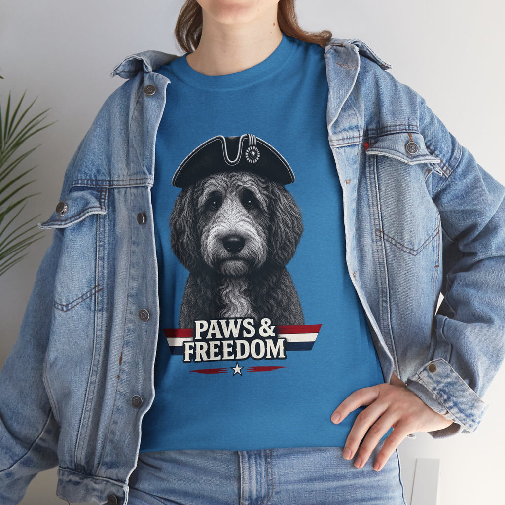Bernadoodle - America 250 - Paws & Freedom Dog Wearing Tricorn Hat T-Shirt | Patriotic Pet Tee