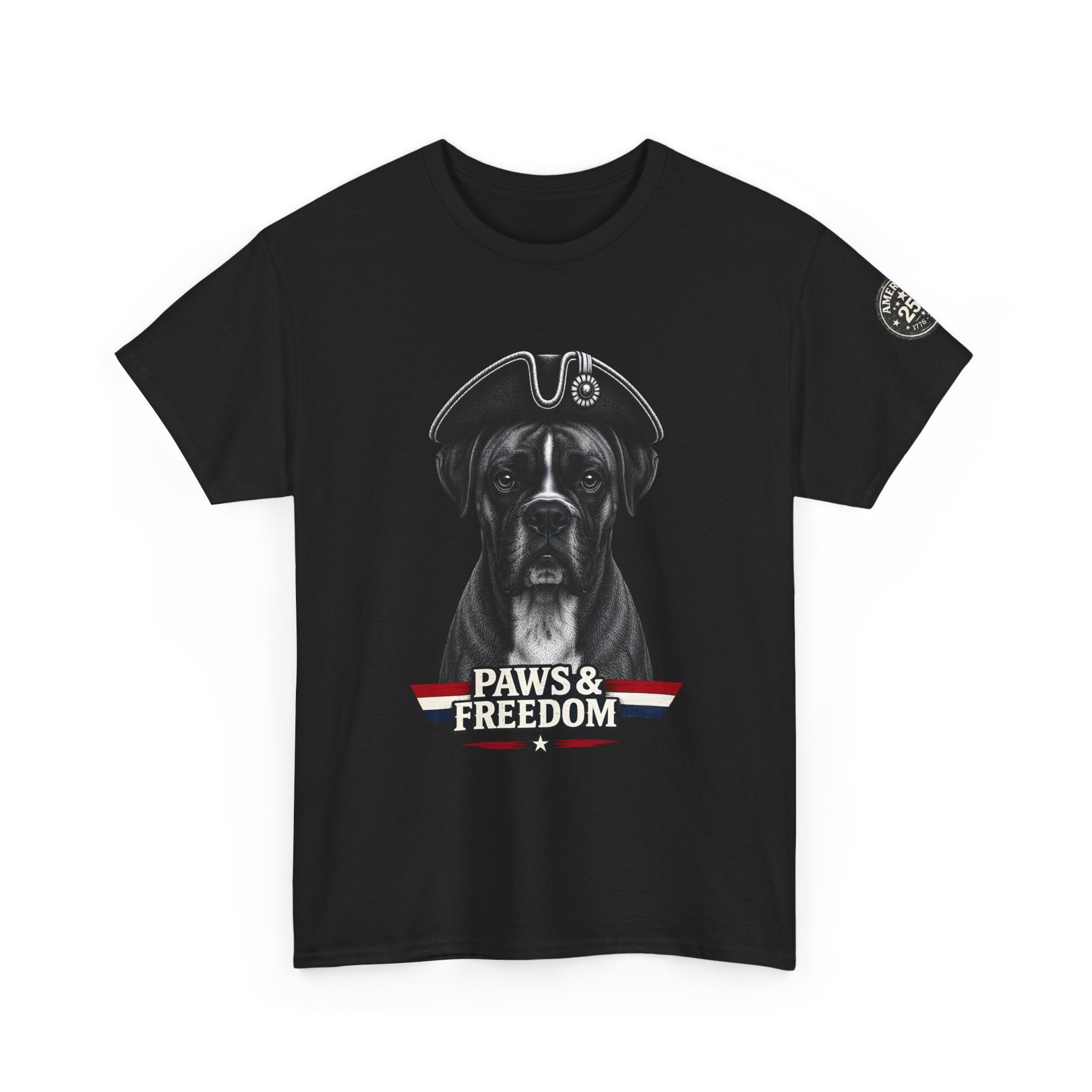 Boxer - America 250 - Paws & Freedom Dog Patriot Tee | Dog Wearing Tricorn Hat, American Flag Accent