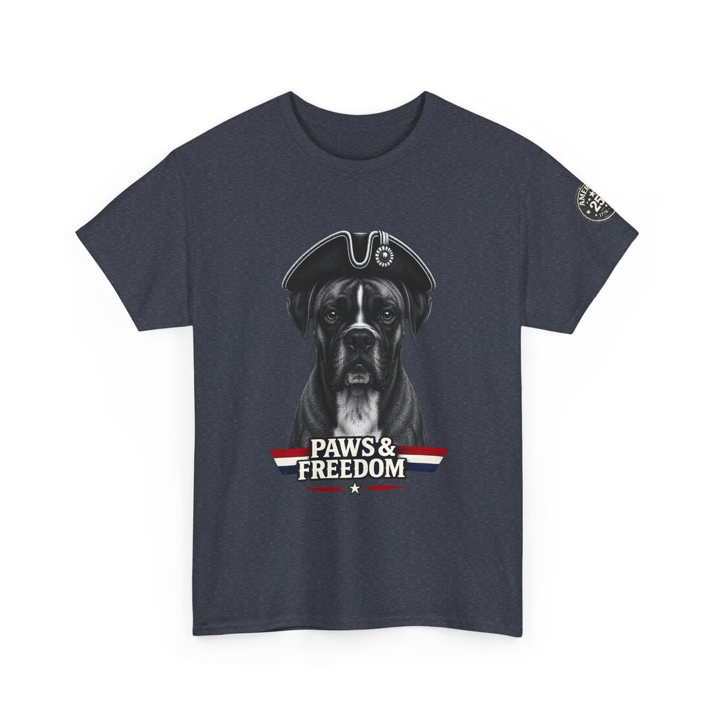 Boxer - America 250 - Paws & Freedom Dog Patriot Tee | Dog Wearing Tricorn Hat, American Flag Accent