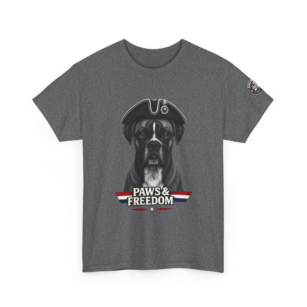Boxer - America 250 - Paws & Freedom Dog Patriot Tee | Dog Wearing Tricorn Hat, American Flag Accent