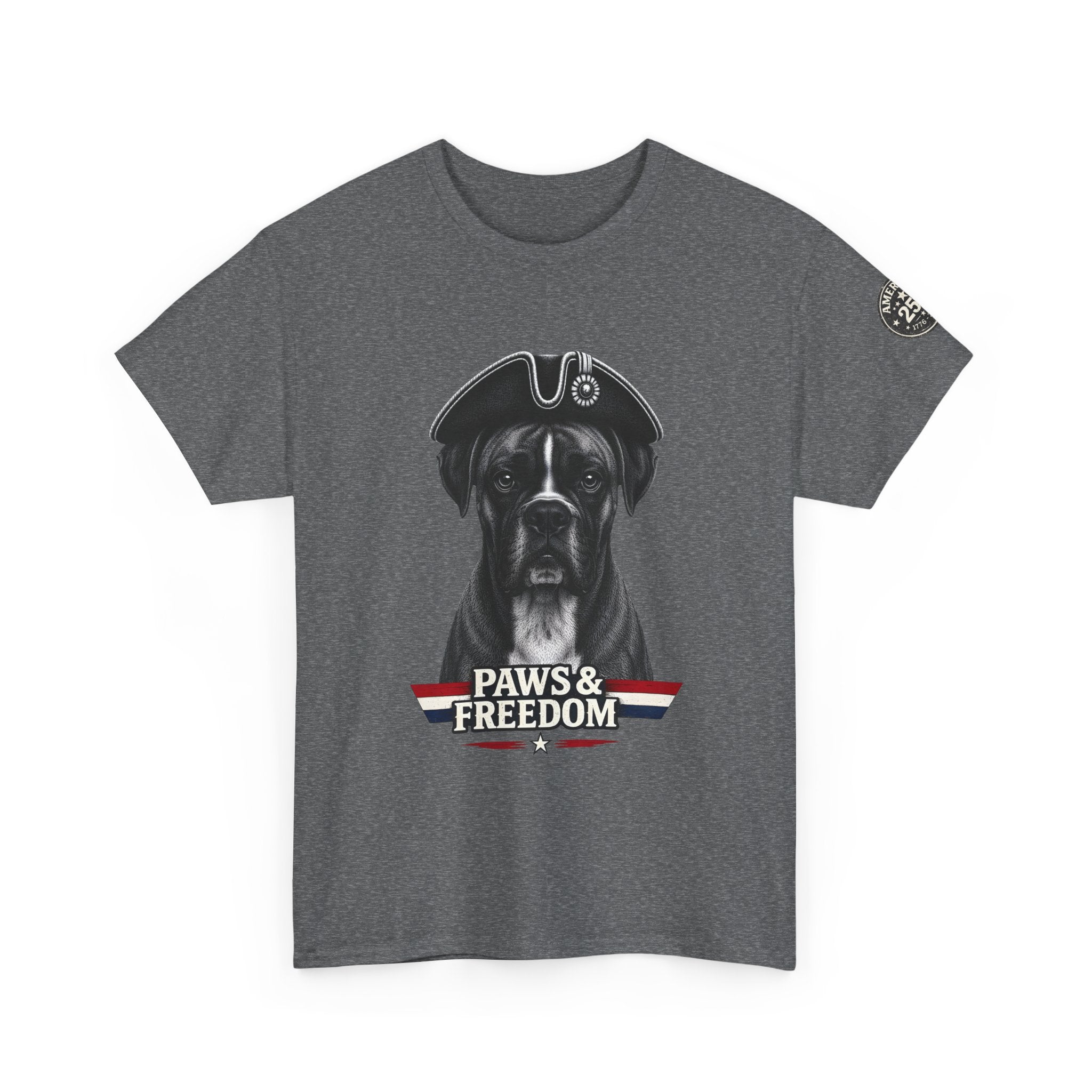 Boxer - America 250 - Paws & Freedom Dog Patriot Tee | Dog Wearing Tricorn Hat, American Flag Accent