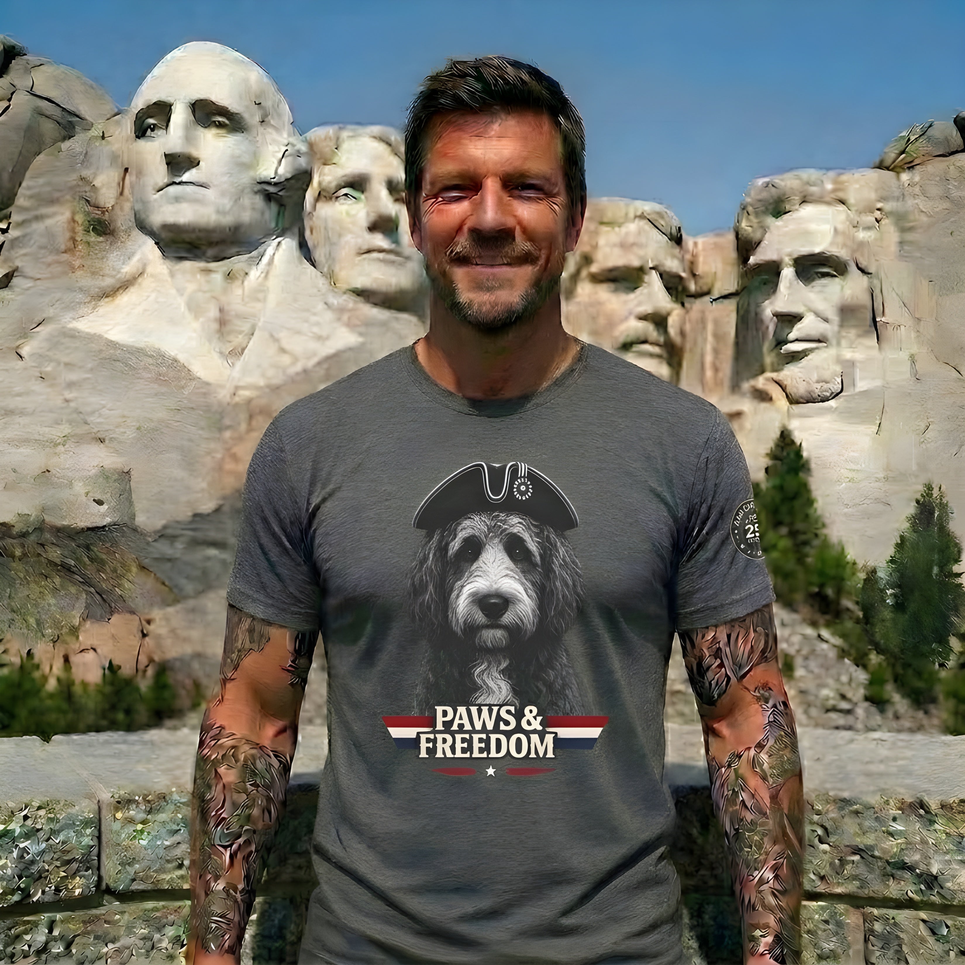 Bernadoodle - America 250 - Paws & Freedom Dog Wearing Tricorn Hat T-Shirt | Patriotic Pet Tee