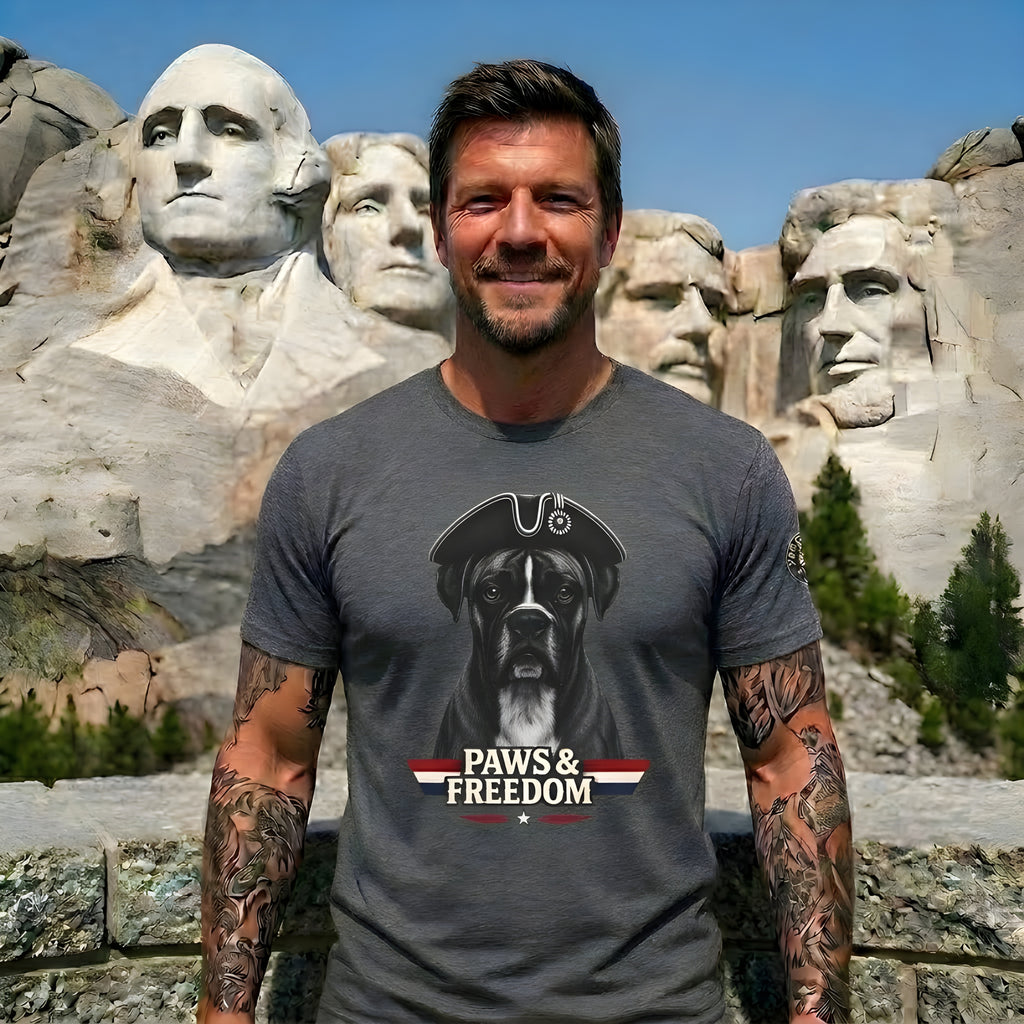 Boxer - America 250 - Paws & Freedom Dog Patriot Tee | Dog Wearing Tricorn Hat, American Flag Accent