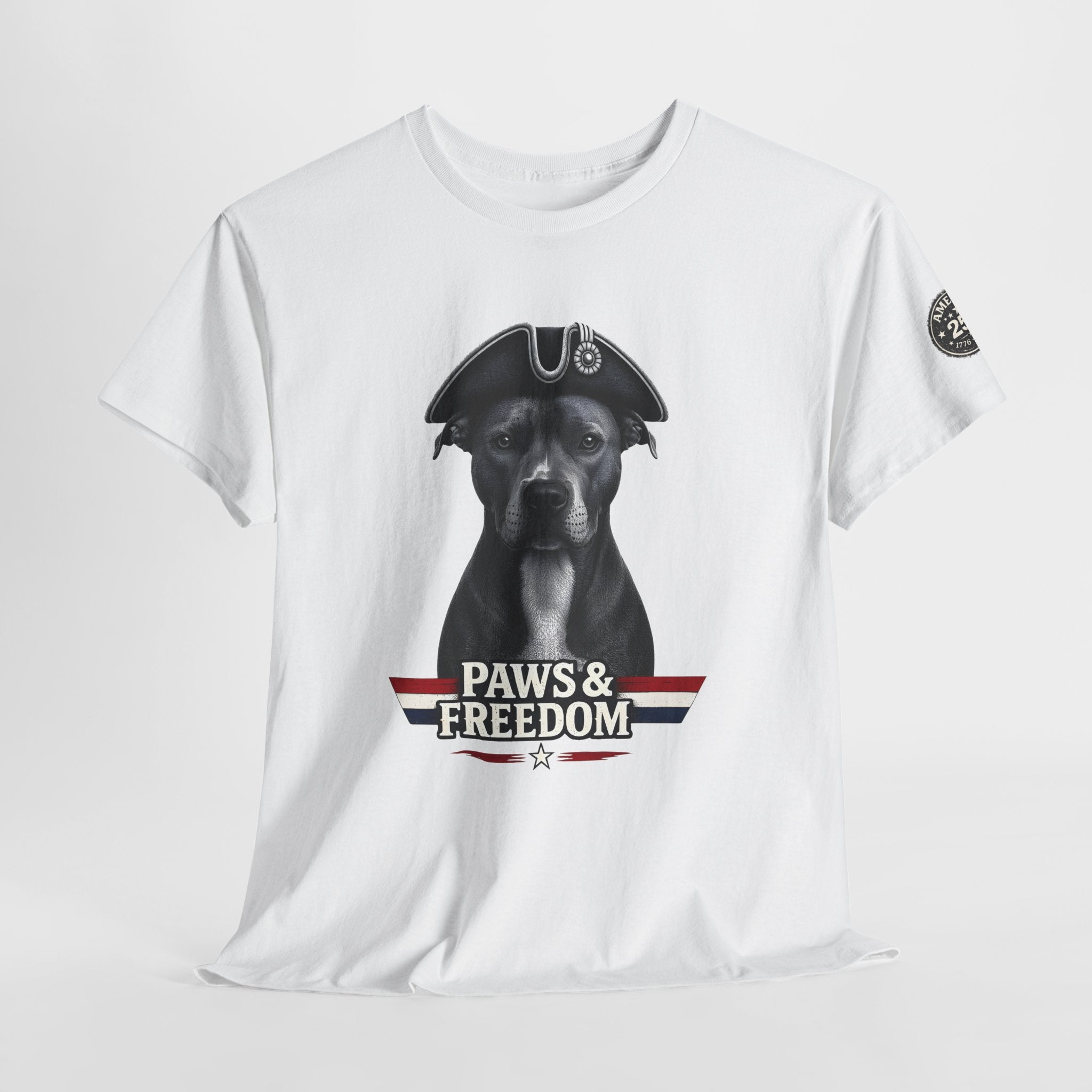Pitbull - America 250 - Paws & Freedom Celebration T-Shirt - Patriotic Unisex Heavy Cotton Tee