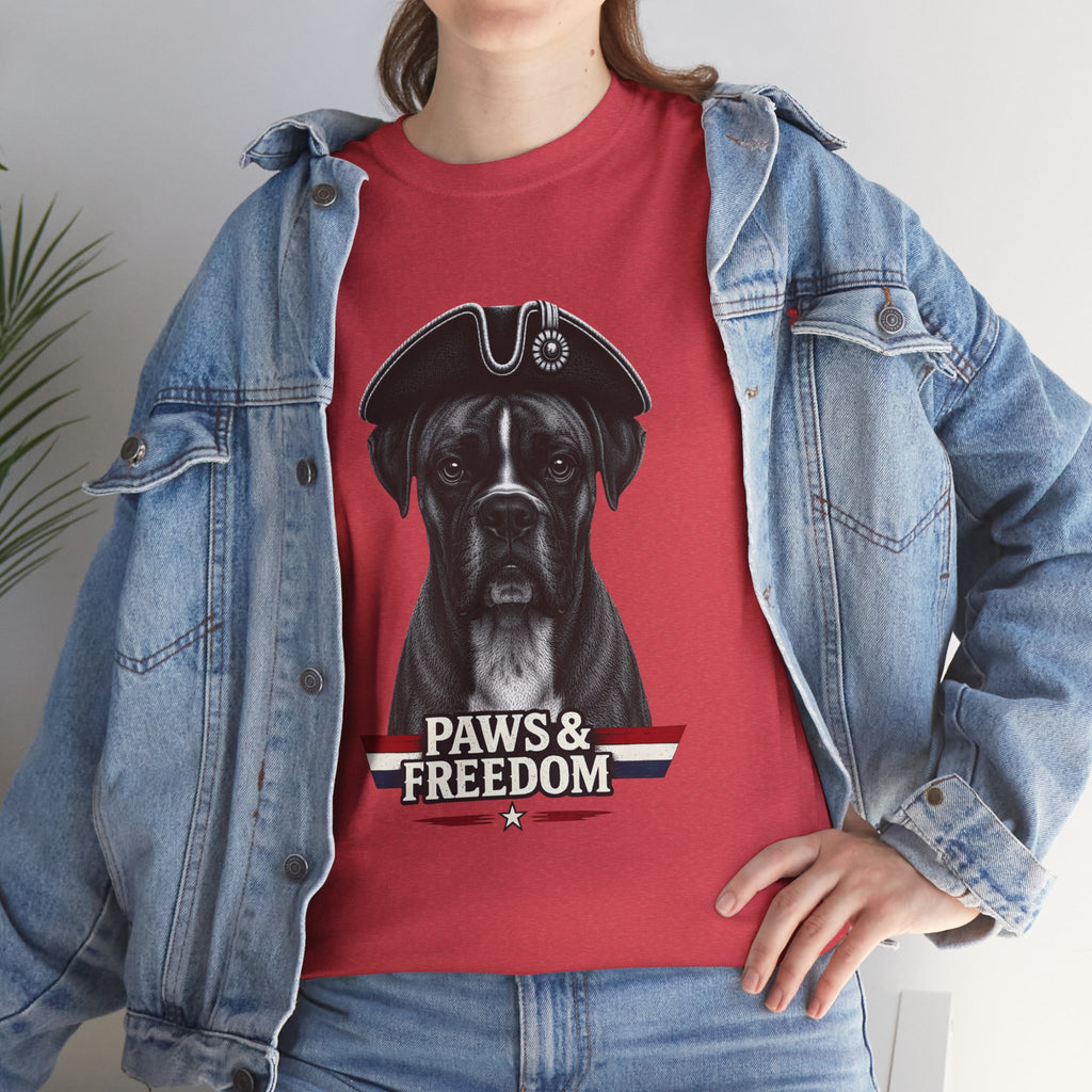 Boxer - America 250 - Paws & Freedom Dog Patriot Tee | Dog Wearing Tricorn Hat, American Flag Accent