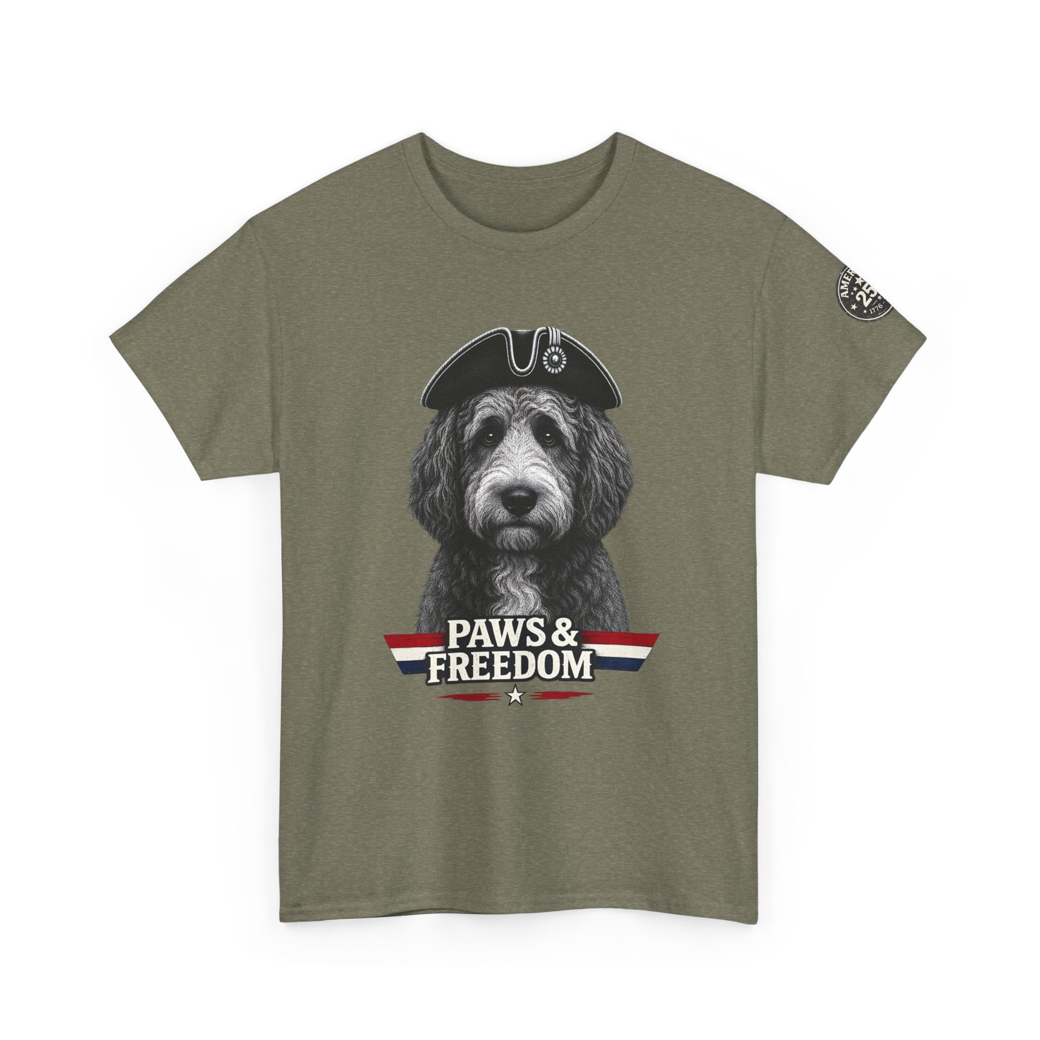 Bernadoodle - America 250 - Paws & Freedom Dog Wearing Tricorn Hat T-Shirt | Patriotic Pet Tee