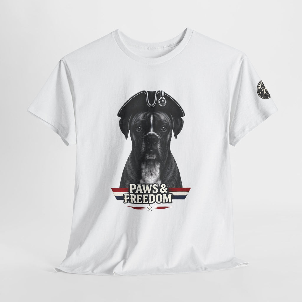 Boxer - America 250 - Paws & Freedom Dog Patriot Tee | Dog Wearing Tricorn Hat, American Flag Accent