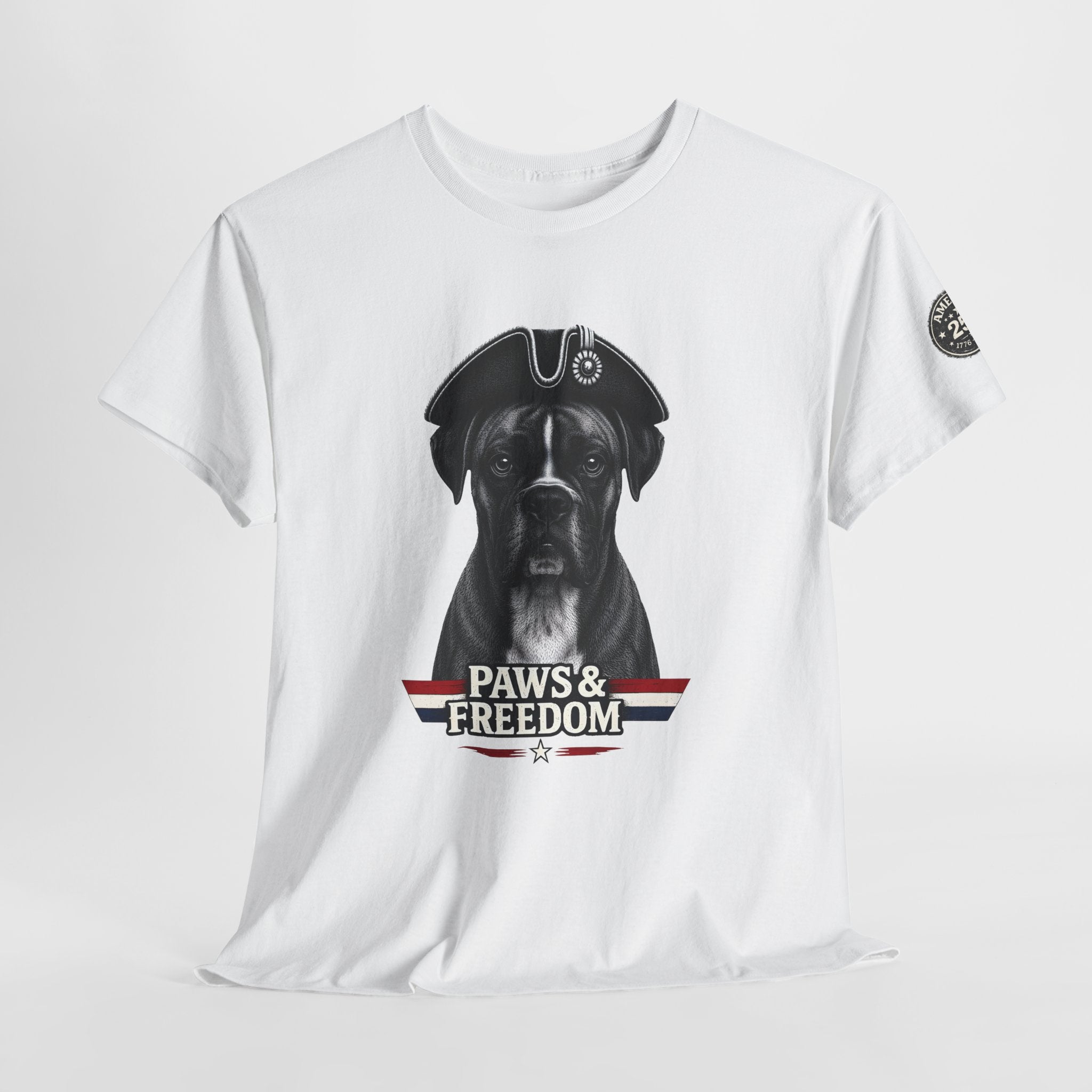 Boxer - America 250 - Paws & Freedom Dog Patriot Tee | Dog Wearing Tricorn Hat, American Flag Accent