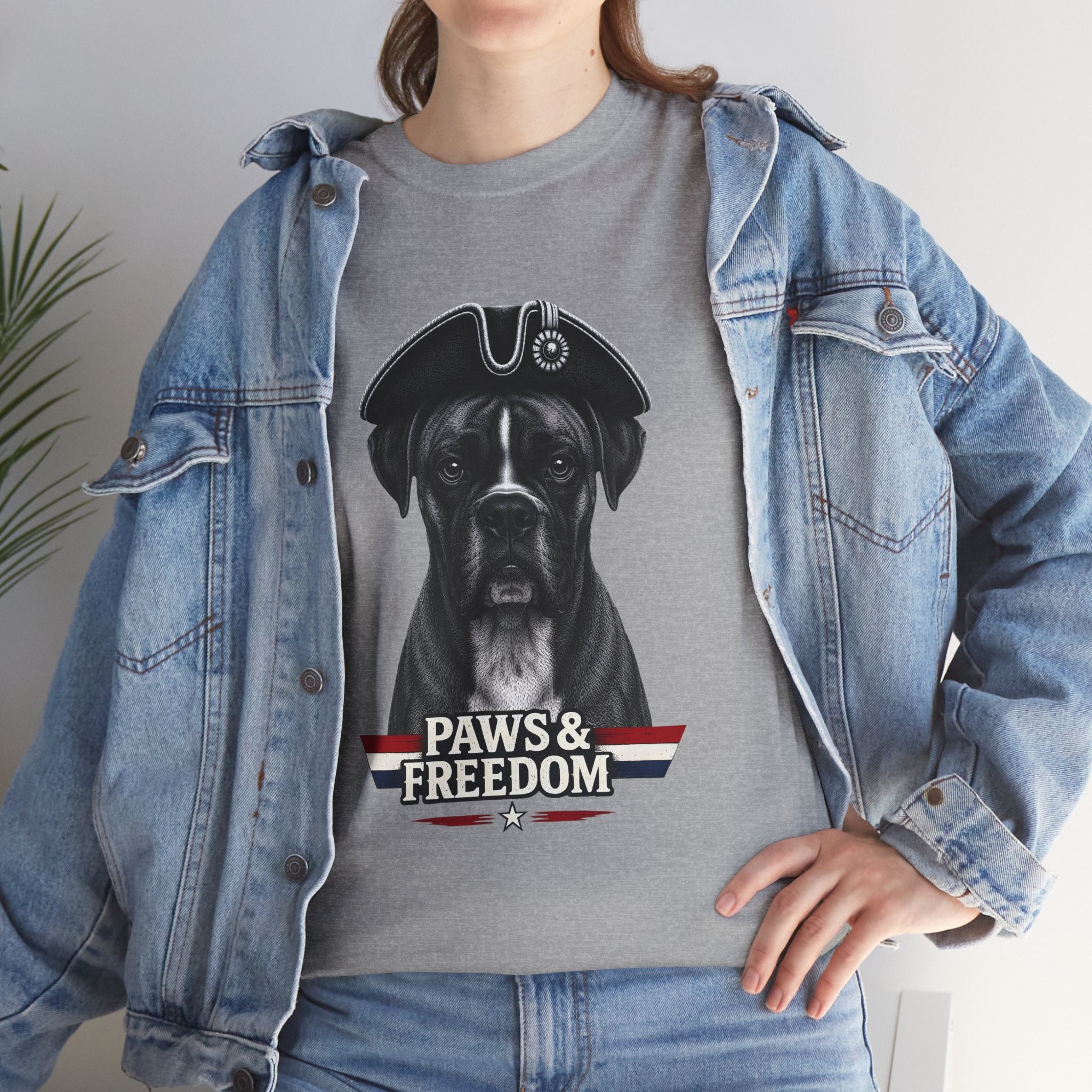 Boxer - America 250 - Paws & Freedom Dog Patriot Tee | Dog Wearing Tricorn Hat, American Flag Accent