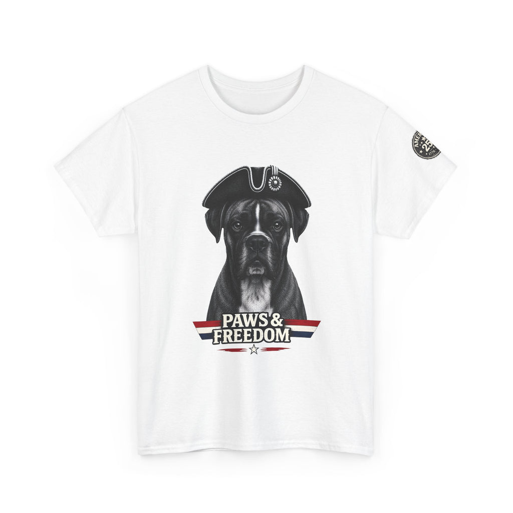 Boxer - America 250 - Paws & Freedom Dog Patriot Tee | Dog Wearing Tricorn Hat, American Flag Accent