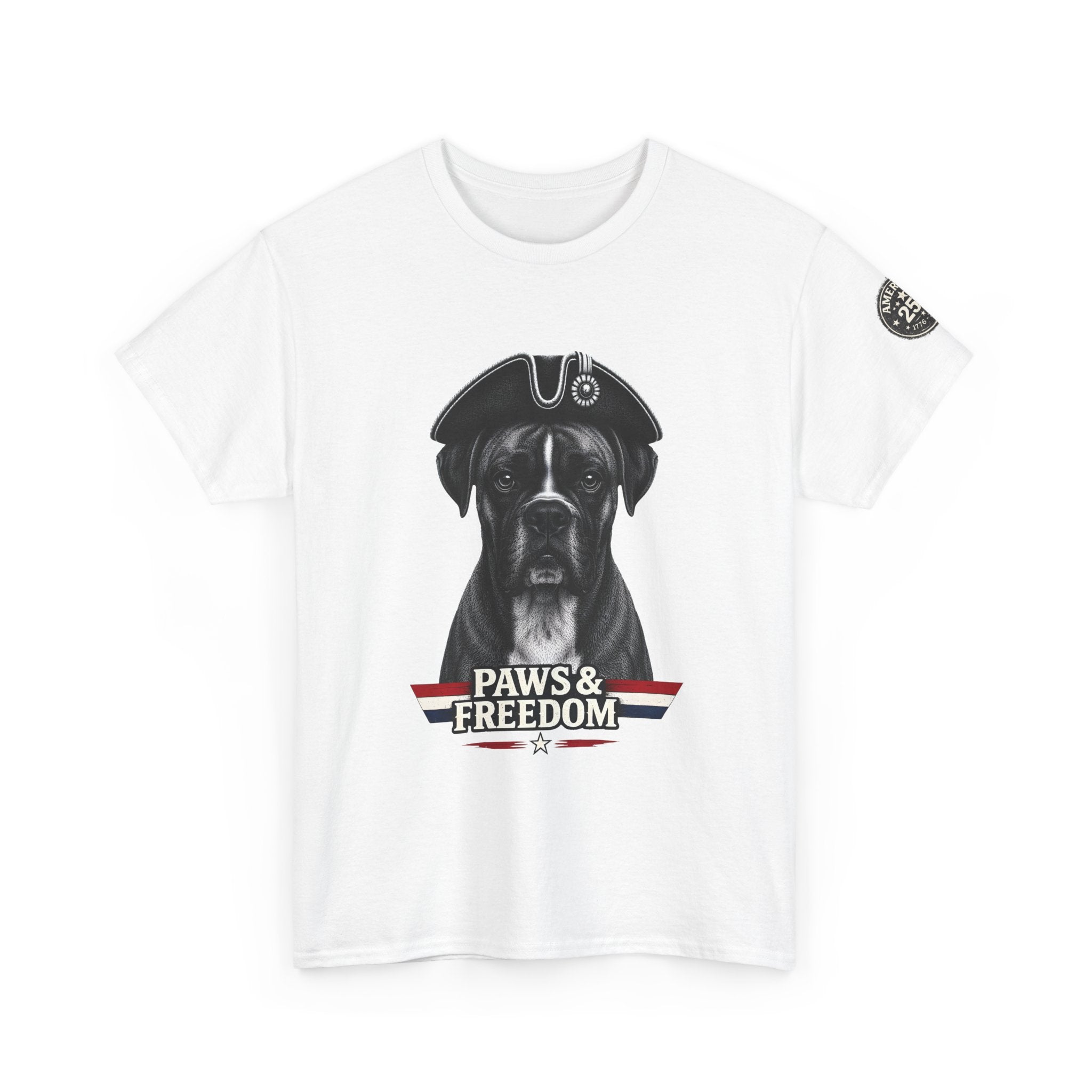 Boxer - America 250 - Paws & Freedom Dog Patriot Tee | Dog Wearing Tricorn Hat, American Flag Accent