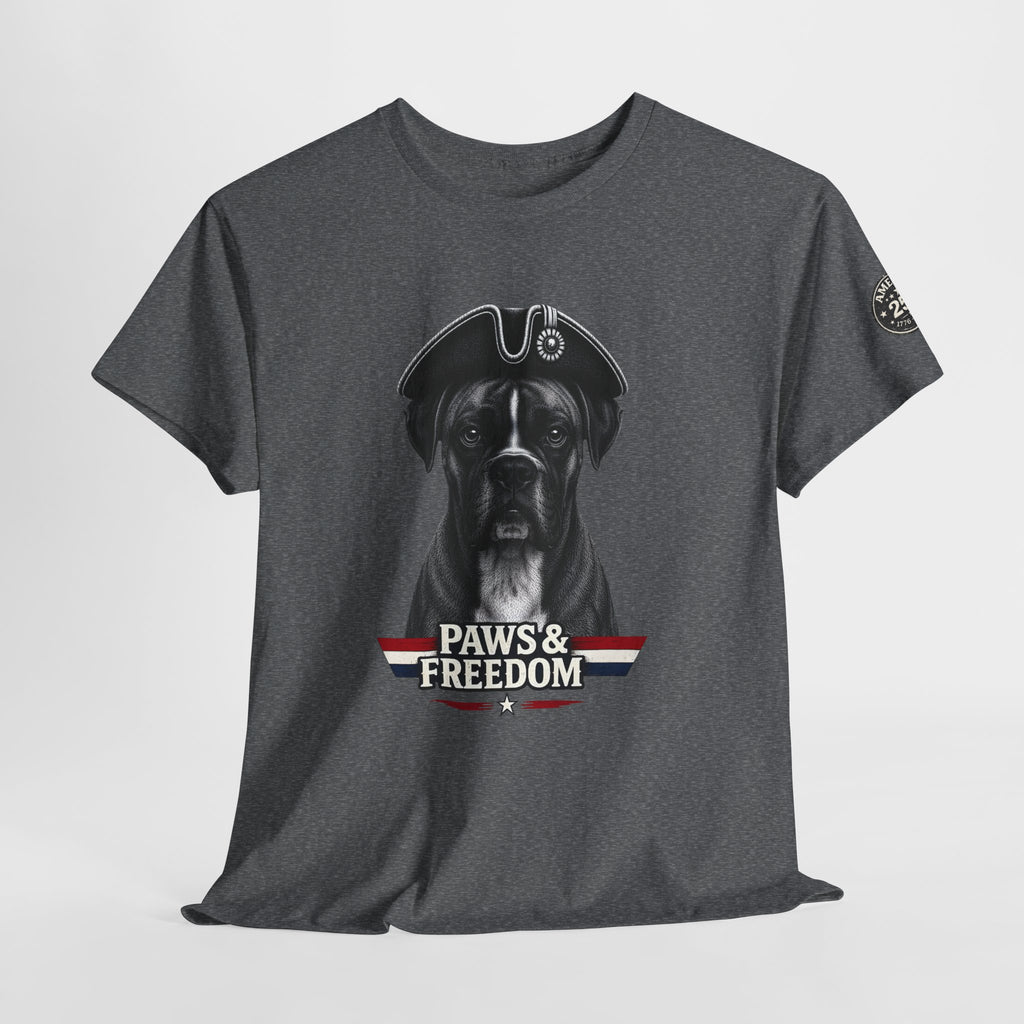 Boxer - America 250 - Paws & Freedom Dog Patriot Tee | Dog Wearing Tricorn Hat, American Flag Accent
