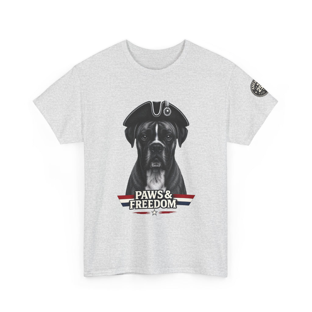 Boxer - America 250 - Paws & Freedom Dog Patriot Tee | Dog Wearing Tricorn Hat, American Flag Accent